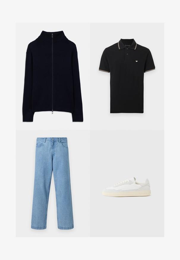 Pull en tricot côtelé bleu marine avec des manches longues, un col montant et une fermeture éclair argentée sur toute la longueur, posé à plat sur un fond blanc.; Polo noir à manches courtes avec patte de boutonnage à deux boutons, rayures blanches et beiges sur le col et les bords des manches, et petit logo blanc sur le côté gauche de la poitrine.; Jean en denim bleu clair à jambes droites avec poches devant, passants de ceinture et fermeture par bouton, sur fond uni.; Baskets blanches avec dessus en daim et cuir texturé. Caractérisées par un bout arrondi, une fermeture à lacets et une semelle en caoutchouc beige contrastante.