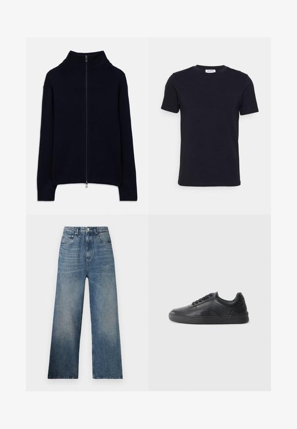 Marineblauer, gerippter Strickpullover mit langen Ärmeln, hohem Kragen und einem durchgehenden silbernen Reißverschluss, flach auf einem weißen Hintergrund ausgelegt.; Schwarzes T-Shirt mit kurzen Ärmeln und Rundhalsausschnitt, mit einem kleinen weißen Etikett auf der Innenseite des Kragens.; Blaue Denim-Hosen mit weitem Bein und hohem Bund, mit subtilen Verfärbungen, fünf Taschen und einem Metallknopfverschluss vorne.; Schwarze Leder-Sneaker mit glatter Oberfläche, abgerundeter Zehenpartie, strukturiertem Seitenpaneel und schwarzen Schnürsenkeln. Verfügt über eine flache Gummisohle und ein minimalistisches Design.