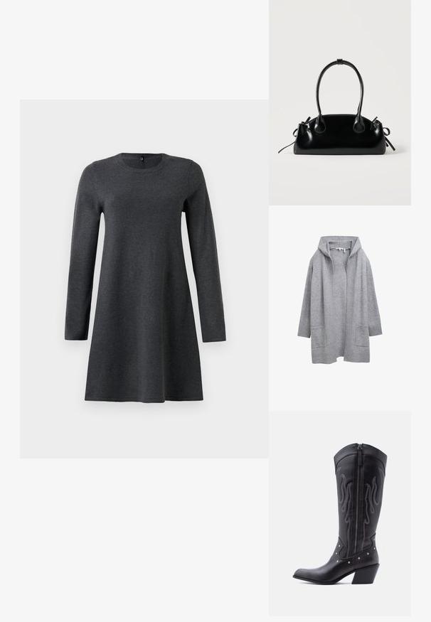 Lichtgrijze open voorzijde gebreide cardigan met lange mouwen, ribbels aan de manchetten, zoom en twee frontale opgestikte zakken.; Donkergrijze jurk met lange mouwen, een ronde halslijn, A-lijn silhouet en een gladde textuur. Gemaakt van een zachte stof, zonder zichtbare patronen.; Zwarte leren cowboylaarzen met een puntige neus, zichtbare stiksels, zilveren studaccenten en een ritssluiting aan de binnenkant.; Kleine zwarte glanzende handtas met twee lange hengsels en zijkant trekkoord details op een effen lichte achtergrond.