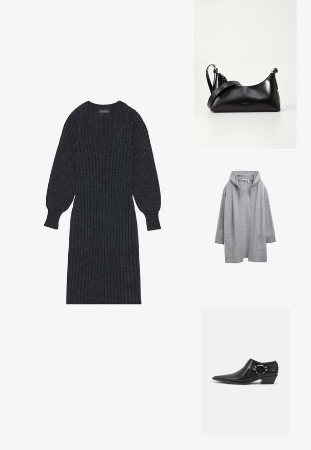 Cardigan abierto de punto gris claro con mangas largas, puños acanalados, dobladillo y dos bolsillos de parche en la parte frontal.; Vestido de punto acanalado en gris oscuro con escote en V y mangas largas tipo globo. Presenta una cintura ajustada y una tela texturizada para proporcionar calor.; Botas de cuero negras hasta el tobillo con puntera puntiaguda, que presentan una correa de cuero en la parte delantera y un detalle de hebilla plateada, además de un tacón bajo y cuadrado.; Bolso de mano de cuero negro con una textura suave. Cuenta con una correa ajustable y un diseño elegante y minimalista con cierre de cremallera.