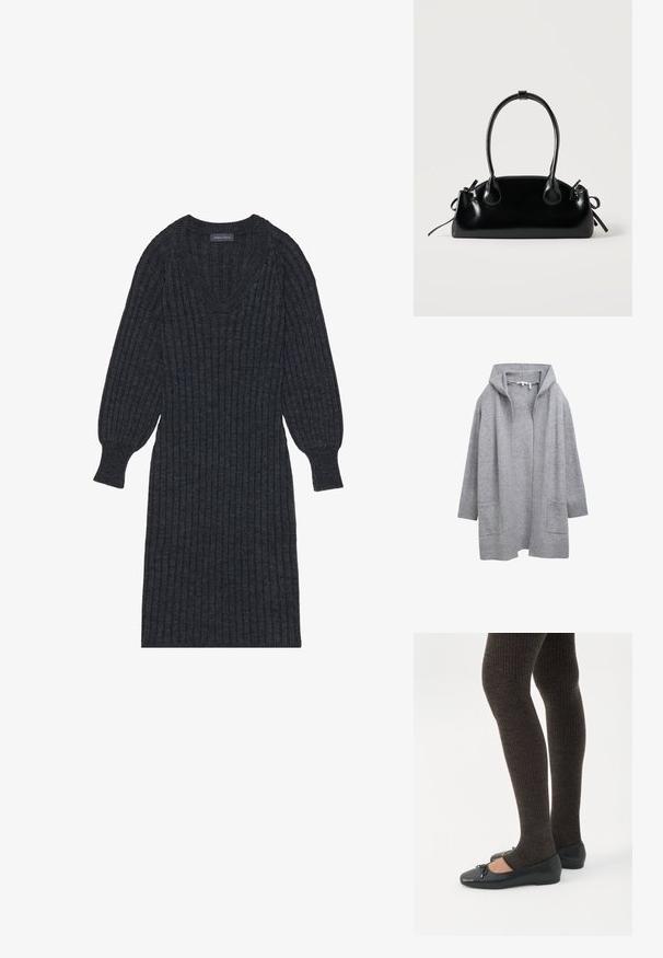 Lichtgrijze open voorzijde gebreide cardigan met lange mouwen, ribbels aan de manchetten, zoom en twee frontale opgestikte zakken.; Donkergrijze geribbelde gebreide jurk met een V-halslijn en lange, ballonvormige mouwen. Heeft een getailleerde taille en een textiel met een gestructureerde stof voor warmte.; Benen met donkere geribbelde leggings gecombineerd met zwarte ballerina's met kleine strikdetails op een witte achtergrond.; Kleine zwarte glanzende handtas met twee lange hengsels en zijkant trekkoord details op een effen lichte achtergrond.