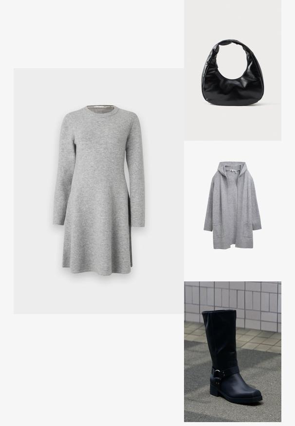 Hellgraue, offene Strickjacke mit langen Ärmeln, gerippten Bündchen, Saum und zwei vorderen aufgesetzten Taschen.; Graues Langarmkleid aus weichem Stoff; verfügt über einen runden Ausschnitt und eine lockere Passform, die am Saum leicht ausgestellt ist und seitliche Schlitze aufweist.; Schwarzer Lederstiefel bis zur Mitte der Wade mit niedrigem Blockabsatz und dekorativem Riemen mit Metallschnalle um den Knöchel, auf einem gefliesten Gehweg.; Schwarze Kunstleder-Handtasche mit einzigartiger Halbmondform, einem breiten, gepolsterten Henkel und einem Reißverschluss. Glatte, glänzende Textur, minimalistisches Design.