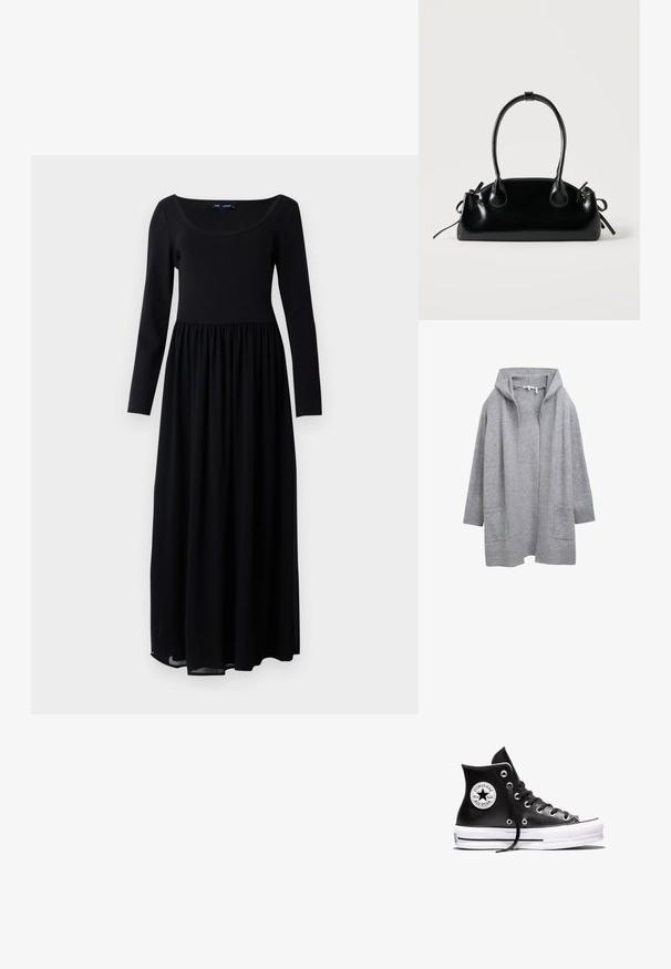 Hellgraue, offene Strickjacke mit langen Ärmeln, gerippten Bündchen, Saum und zwei vorderen aufgesetzten Taschen.; Schwarzes, langärmeliges Maxikleid mit tailliertem Oberteil und gerafftem Bund, aus einem glatten, leichten Material gefertigt, mit weitem Rundhalsausschnitt.; Schwarzer Converse Chuck Taylor All Star High-Top-Sneaker mit weißer Gummisohle und Logo-Aufnäher am Knöchel, dargestellt vor weißem Hintergrund.; Kleine schwarze glänzende Handtasche mit zwei langen Griffen und seitlichen Kordelzug-Details vor einfachem hellem Hintergrund.