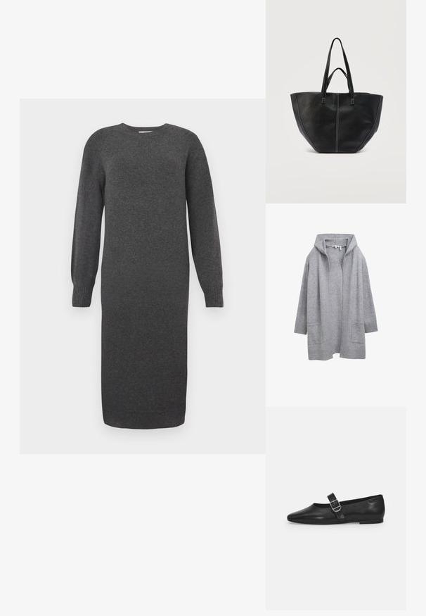 Hellgraue, offene Strickjacke mit langen Ärmeln, gerippten Bündchen, Saum und zwei vorderen aufgesetzten Taschen.; Dunkelgraues Strickkleid mit langen Ärmeln, rundem Ausschnitt und gerippten Bündchen. Knielang und mit glatter Textur. Einfaches Design ohne Muster.; Schwarzer Lederflatschuh mit runder Zehenform, einem verstellbaren Schnallenriemen und einer glatten, glänzenden Oberfläche. Minimalistisches Design mit einem niedrigen Absatz.; Schwarze Ledertasche mit zwei Griffen und kontrastierend weißer Naht, mit einer breiten, strukturierten Form und zentralen Nahtdetails.