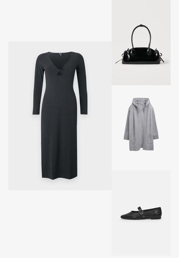 Hellgraue, offene Strickjacke mit langen Ärmeln, gerippten Bündchen, Saum und zwei vorderen aufgesetzten Taschen.; Dunkelgraues, langärmliges, geripptes Kleid mit V-Ausschnitt und einem kleinen Ausschnitt im Detail sowie einer figurbetonten Silhouette.; Schwarzer Lederflatschuh mit runder Zehenform, einem verstellbaren Schnallenriemen und einer glatten, glänzenden Oberfläche. Minimalistisches Design mit einem niedrigen Absatz.; Kleine schwarze glänzende Handtasche mit zwei langen Griffen und seitlichen Kordelzug-Details vor einfachem hellem Hintergrund.