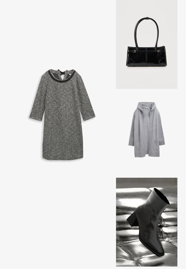 Lys grå åben strik cardigan med lange ærmer, ribbede manchetter, kant og to forlommer.; Grå hælskærm kjole med trekvartærmer og rund halsudskæring. Har et nøglehul bagtil og struktureret stof.; Sorte ankelstøvler lavet af glossy materiale med firkantet tå og spidse hæle, sat mod en skinnende sølv tuftet baggrund.; Glansfuld sort rektangulær håndtaske med to tynde skulderremme og små guldbeslag foran.