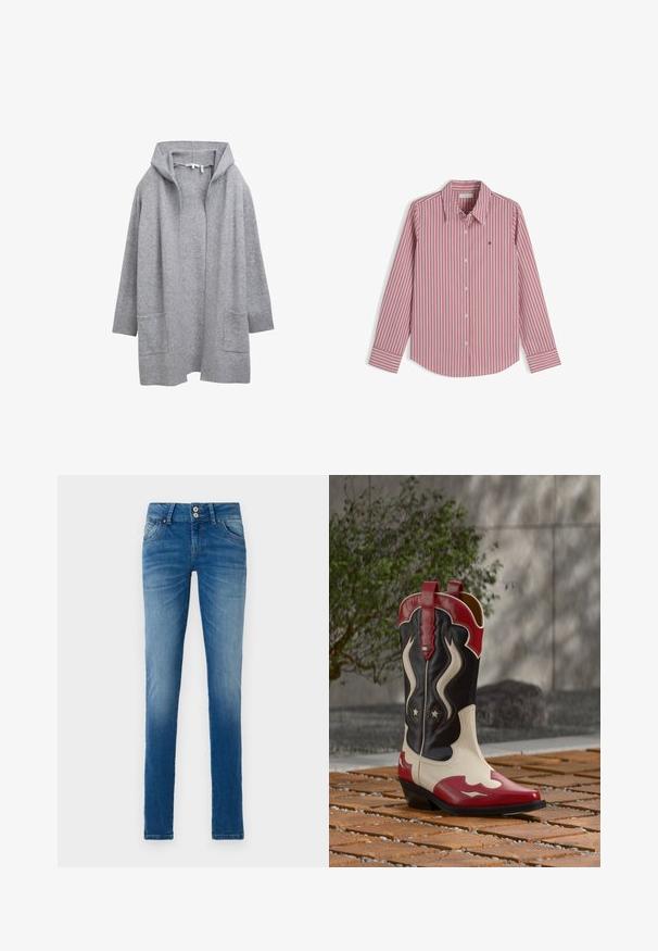 Cardigan en tricot gris clair à ouvrir, avec des manches longues, des poignets et un ourlet côtelés, ainsi que deux poches plaquées à l'avant.; Chemise à rayures verticales rouges et blanches à manches longues avec col et petit logo brodé sur la poitrine, présentée à plat sur fond blanc.; Jean en denim bleu avec un délavage décoloré, présentant un design classique à cinq poches, une fermeture à bouton et une coupe droite.; Botte de cowboy rouge, noire et blanche avec des motifs d'étoile et de flammes, posée sur une surface en briques avec un fond flou de plante et de mur.