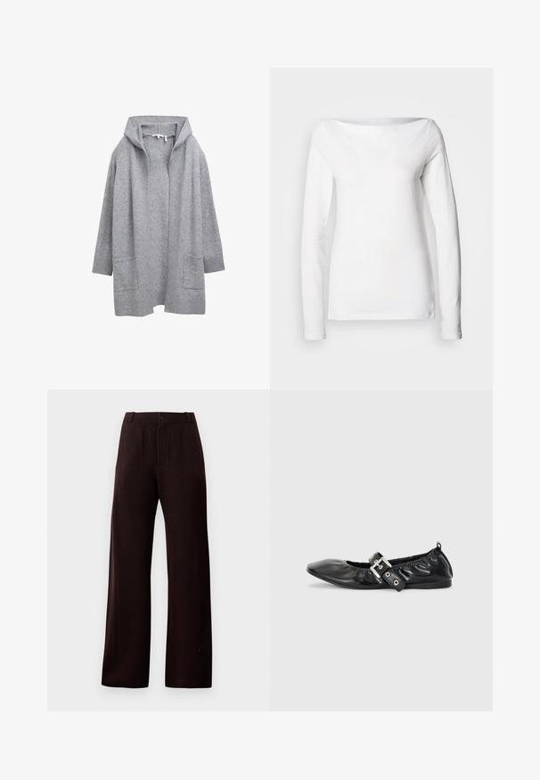 Hellgraue, offene Strickjacke mit langen Ärmeln, gerippten Bündchen, Saum und zwei vorderen aufgesetzten Taschen.; Langärmliges, weißes Baumwollhemd mit weitem U-Boot-Ausschnitt und figurbetonter Silhouette. Glatte Textur ohne sichtbare Muster oder Akzente.; Dunkelbraune weite Hosen mit Reißverschluss, Knopfverschluss und Gürtelschlaufen, auf einem einfarbigen Hintergrund präsentiert.; Schwarze Leder-Ballerinas mit spitzem Zehenbereich, gerafften Details am Schaft und einem silbernen Schnallenakzent am verstellbaren Riemen.