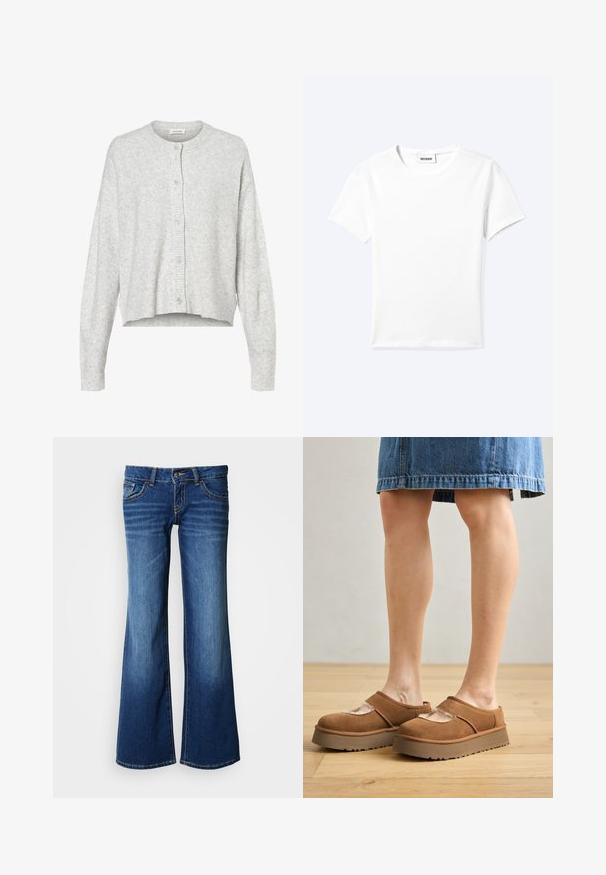 Cardigan gris clair en matériau doux, avec un col rond, des manches longues et cinq boutons de fermeture à l'avant. Ourlet court.; T-shirt blanc uni à manches courtes et col rond avec une petite étiquette "WEEKDAY" à l'intérieur de l'encolure, présenté à plat sur un fond clair.; Jeans en denim évasés bleu foncé, dotés d'un design classique à cinq poches, fermeture à boutons et surpiqûres contrastantes. Texture lisse.; Chaussures à plataforma en suède marron avec un bout arrondi, des découpes, et une semelle robuste, accompagnées d'une jupe en denim dans un cadre au sol en bois.