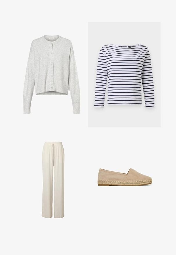 Hellgraue Strickjacke aus weichem Material, mit Rundhalsausschnitt, langen Ärmeln und fünf Knopfverschlüssen an der Vorderseite. Kurzer Saum.; Gestreiftes langärmeliges Oberteil in Weiß und Navy mit Bootsausschnitt und lockerer Passform. Hergestellt aus weichem Baumwollmaterial mit genähten Säumen.; Locker sitzende beige Leinenhose mit elastischem Bund und Kordelzug, mit geraden Beinen und Seitentaschen.; Beige Wildleder-Espadrille mit geflochtener Jutsohle und Schlupfdesign, seitlich auf weißem Hintergrund gezeigt.