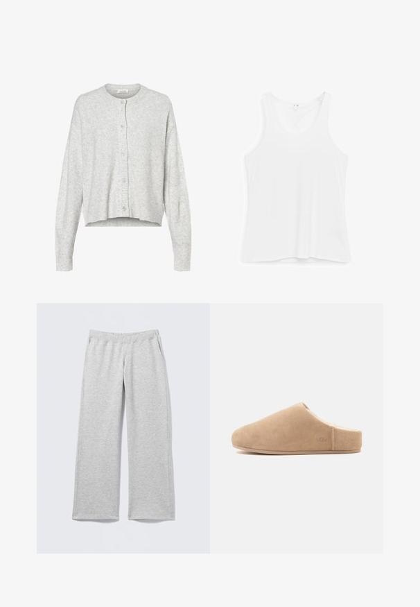Cardigan gris clair en matériau doux, avec un col rond, des manches longues et cinq boutons de fermeture à l'avant. Ourlet court.; Débardeur blanc sans manches avec encolure ronde, posé à plat sur un fond blanc.; Pantalon de survêtement gris, ample, en tissu doux. Doté d'une taille élastique et de poches latérales, avec un design à jambes droites.; Chausson beige en daim à enfiler, doublure en peluche et semelle plate, bout fermé, arrière ouvert, avec un logo discret "UGG" sur le côté.