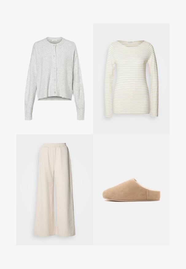Cardigan gris clair en matériau doux, avec un col rond, des manches longues et cinq boutons de fermeture à l'avant. Ourlet court.; Chemise à manches longues rayée en mélange de coton crème et beige, avec un col rond et une silhouette ajustée. Texture douce avec des motifs subtils.; Pantalons taille haute à jambes larges en tissu beige clair. Dotés d'une taille élastique et de poches latérales. Texture douce avec un design décontracté.; Chausson beige en daim à enfiler, doublure en peluche et semelle plate, bout fermé, arrière ouvert, avec un logo discret "UGG" sur le côté.