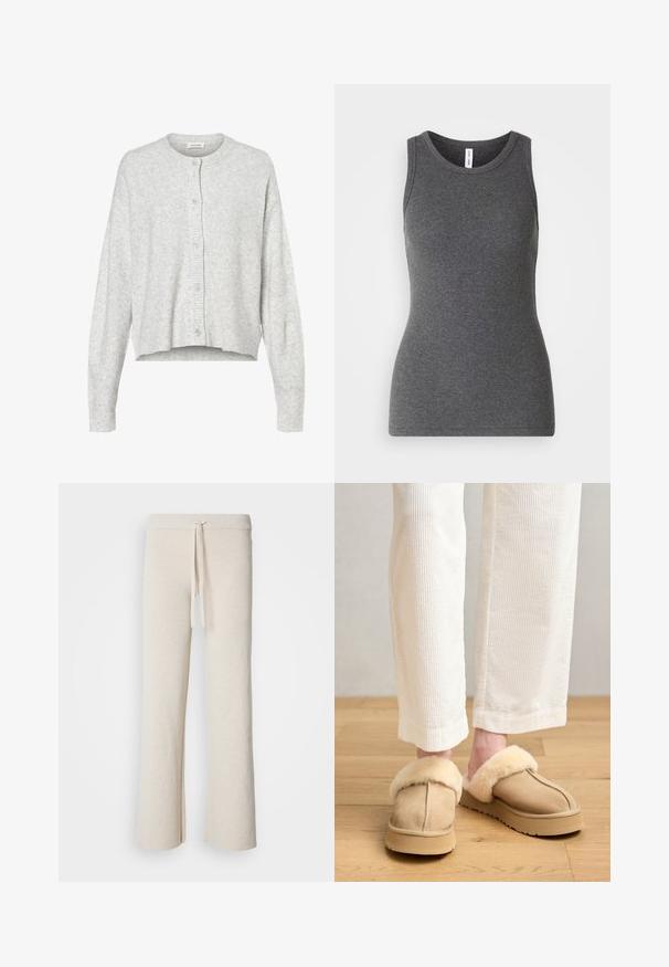 Cardigan gris clair en matériau doux, avec un col rond, des manches longues et cinq boutons de fermeture à l'avant. Ourlet court.; Débardeur gris sans manches en matière côtelée ; doté d'un col rond et d'une coupe ajustée. Sans motifs ni accents supplémentaires.; Pantalons larges beiges en tissu doux, dotés d'une taille élastique avec cordon de serrage et d fentes sur les côtés à l'ourlet.; Chaussons en suède beige avec une douce doublure en fausse fourrure crème et une semelle épaisse. Portés avec un pantalon en corduroy blanc à côtes, laissant entrevoir la peau au-dessus des chevilles.