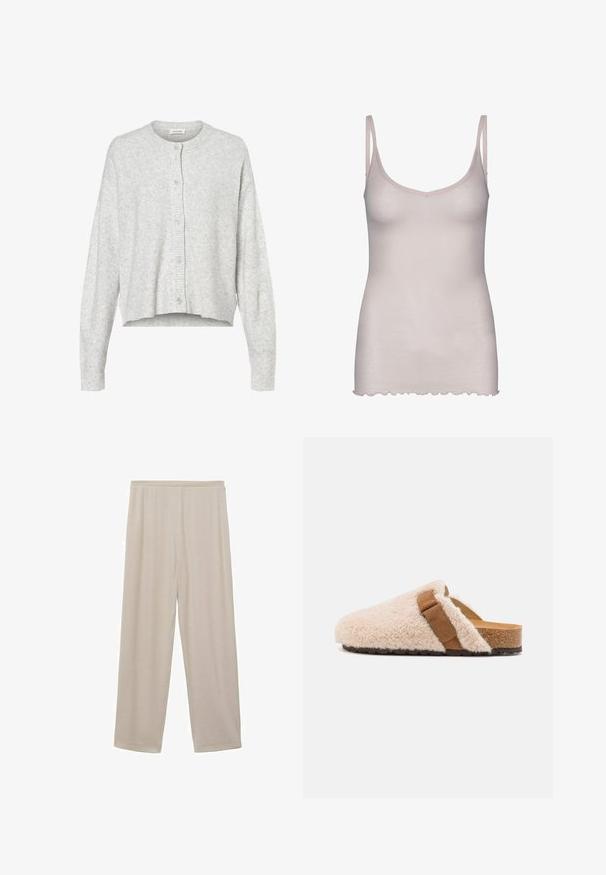 Cardigan gris clair en matériau doux, avec un col rond, des manches longues et cinq boutons de fermeture à l'avant. Ourlet court.; Camisole rose clair avec des bretelles fines, fabriquée en tissu doux. Présente un décolleté en V et un ourlet festonné en bas.; Pantalon beige clair à jambes droites avec une ceinture élastique, fabriqué en tissu doux et lisse, présenté sur un fond blanc.; Sabots en shearling beige à enfiler avec une sangle en daim marron, semelle en liège et semelle extérieure en caoutchouc texturé, conçus pour le confort et le port décontracté.