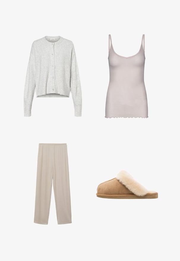 Cardigan gris clair en matériau doux, avec un col rond, des manches longues et cinq boutons de fermeture à l'avant. Ourlet court.; Camisole rose clair avec des bretelles fines, fabriquée en tissu doux. Présente un décolleté en V et un ourlet festonné en bas.; Pantalon beige clair à jambes droites avec une ceinture élastique, fabriqué en tissu doux et lisse, présenté sur un fond blanc.; Chausson en suède beige à enfiler avec une doublure en laine de mouton crème douce et moelleuse. Doté d'une semelle en caoutchouc texturé et plate pour une meilleure adhérence.