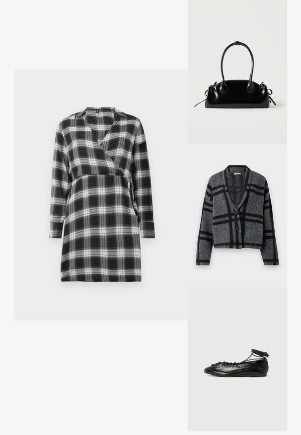 Cardigan cropped gris foncé en laine douce, avec un motif à carreaux noirs, un col châle et deux boutons noirs à l'avant.; Robe portefeuille à carreaux noir et blanc avec des manches longues, décolleté en V et un lien à la taille. Tissu doux avec un motif à carreaux dans tout le vêtement.; Ballerines en cuir verni noir avec un bout rond, un design à lacets et une semelle plate. Texture lisse avec peu de détails.; Petit sac à main noir brillant avec deux longues anses et des détails à cordon sur les côtés sur un fond clair uni.