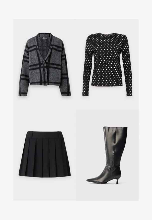 Cardigan cropped gris foncé en laine douce, avec un motif à carreaux noirs, un col châle et deux boutons noirs à l'avant.; Haut à manches longues noir avec des pois blancs, col rond et tissu texturé. Offre une silhouette ajustée, idéale pour un look décontracté.; Jupe plissée noire avec une taille sur mesure, fabriquée à partir d'un tissu léger. Présente des plis régulièrement espacés et un design simple et épuré.; Botte en cuir noire montant jusqu'au genou, avec un bout pointu et un petit talon bas, présentée sur un fond clair uni.