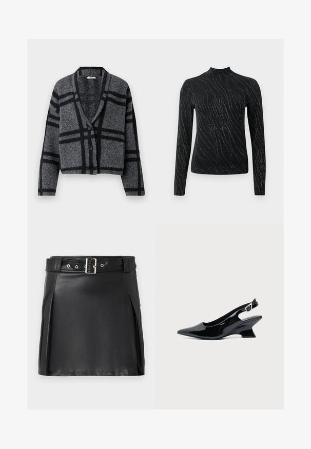 Cardigan cropped gris foncé en laine douce, avec un motif à carreaux noirs, un col châle et deux boutons noirs à l'avant.; Haut noir à manches longues avec un col montant, présentant un motif ondulant de paillettes argentées sur un tissu texturé. Design ajusté.; Jupe mini en faux cuir noir avec un design ajusté, des plis latéraux et une ceinture avec une boucle argentée et des œillets. Texture lisse, taille haute.; Chaussure slingback en cuir verni noir avec bout pointu et petit talon bloc incliné sur fond clair uni.