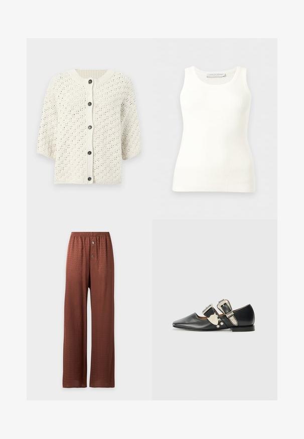 Cardigan en maille crème avec un motif texturé, manches courtes, cinq boutons noirs sur le devant et un col côtelé.; Débardeur blanc côtelé sans manches avec encolure ronde, coupe ajustée, et étiquette de la marque à l'intérieur du col arrière.; Pantalon marron à jambes larges avec un motif texturé subtil, taille élastique et deux boutons sur le devant de la braguette.; Chaussure plate en cuir noir avec un bout pointu, des accents de boucle en argent et des rivets décoratifs. Elle possède un petit talon et une texture lisse.