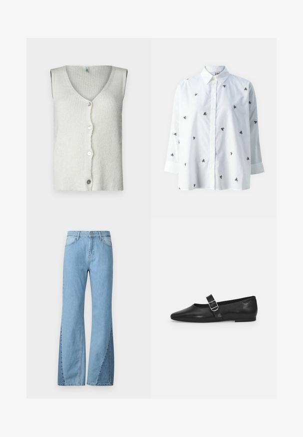 Gilet sans manches blanc en maille texturée, avec un décolleté en V profond et cinq boutons sur le devant, au design doux et décontracté.; ONLY ONLNEW LINA GRACE LS EMB SHIRT NOOS WVN - Chemisier - bright white/black; Jean en denim bleu clair évasé, avec une taille haute, des détails de couture latérale et un design classique à cinq poches.; Chaussure plate en cuir noir avec un bout arrondi, une seule sangle réglable à boucle et une texture lisse et brillante. Design minimaliste avec un petit talon.