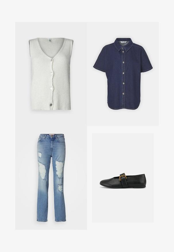 Gilet sans manches blanc en maille texturée, avec un décolleté en V profond et cinq boutons sur le devant, au design doux et décontracté.; Chemise en denim bleu foncé avec un devant à boutons, des manches courtes, un col pointu et des détails de coutures contrastantes.; Jean taille haute bleu clair avec une coupe droite. Présente des déchirures prononcées et des bords effilochés à l'avant, fabriqué en tissu denim.; Chaussure plate en cuir noir avec une large bride et une grande boucle dorée sur un fond blanc uni.