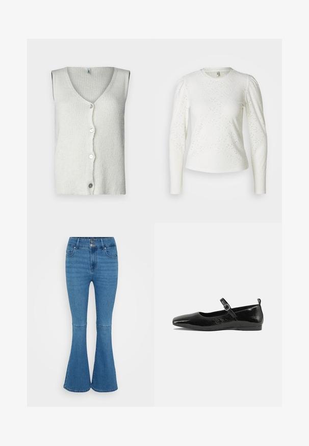 Gilet sans manches blanc en maille texturée, avec un décolleté en V profond et cinq boutons sur le devant, au design doux et décontracté.; Chemise blanche à manches longues en tissu texturé présentant un motif d'œillets subtil et un détail d'épaule froncé. Col rond et coupe cintrée.; Jean évasé en denim bleu avec une taille haute, doté d'une fermeture à double bouton et de deux poches avant. Texture lisse, décoloration minimale.; Chaussure plate en cuir verni noir avec un bout pointu, une sangle de cheville avec boucles, et une texture lisse et brillante. Talon bas pour le confort.