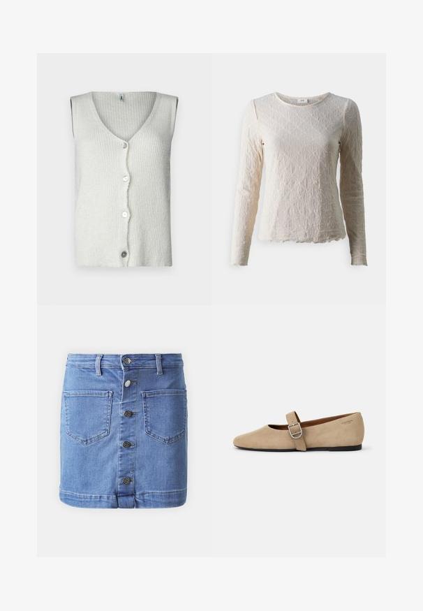 Gilet sans manches blanc en maille texturée, avec un décolleté en V profond et cinq boutons sur le devant, au design doux et décontracté.; Haut beige clair à manches longues avec un motif en losanges texturé, un col rond et un ourlet festonné. Fabriqué en tissu doux et respirant.; Jupe en denim mini en bleu clair avec une fermeture à bouton sur le devant, cinq poches et un ourlet légèrement effiloché, avec des détails de couture visibles.; Ballerines en daim beige de style Mary Jane avec un bout pointu et une seule sangle réglable dotée d'une boucle en métal argenté. Semelle plate noire.