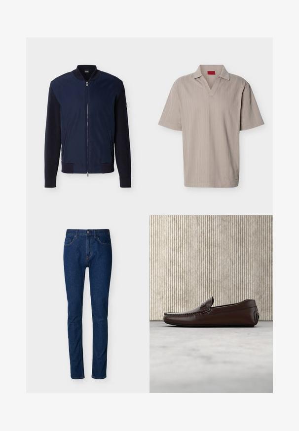 Veste bomber bleu marine avec manches en maille, col côtelé, poignets, ourlet, fermeture éclair frontale, deux poches latérales et logo BOSS sur l'étiquette du col.; Polo en maille beige à manches courtes avec un motif rayé vertical texturé et un col en V ouvert.; Jean en denim bleu foncé à coupe slim, design à cinq poches, coutures visibles et fermeture par bouton à la taille. Texture lisse.; Mocassins en cuir marron avec une finition lisse, des coutures de style mocassin, un bout rehaussé et une semelle en caoutchouc basse et flexible.