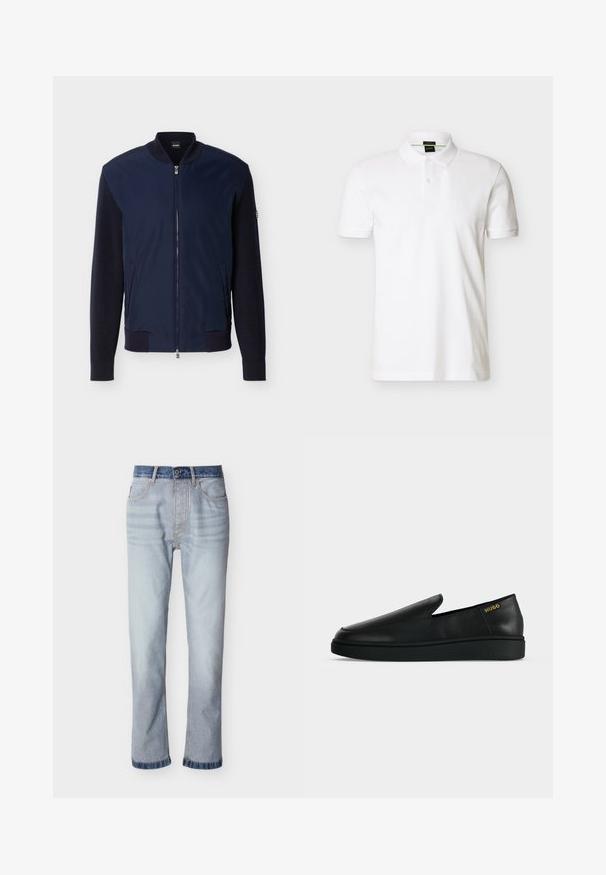 Veste bomber bleu marine avec manches en maille, col côtelé, poignets, ourlet, fermeture éclair frontale, deux poches latérales et logo BOSS sur l'étiquette du col.; Polo blanc à manches courtes avec patte à deux boutons, col et poignets côtelés, logo discret sur la poitrine, présenté sur un fond uni.; Jean denim bleu clair avec une ceinture bleu foncé, coupe droite, cinq poches et détails de couture visibles.; Chaussure noire en cuir à enfiler avec semelle épaisse et marquage "HUGO" en or près du talon sur un fond uni gris clair.