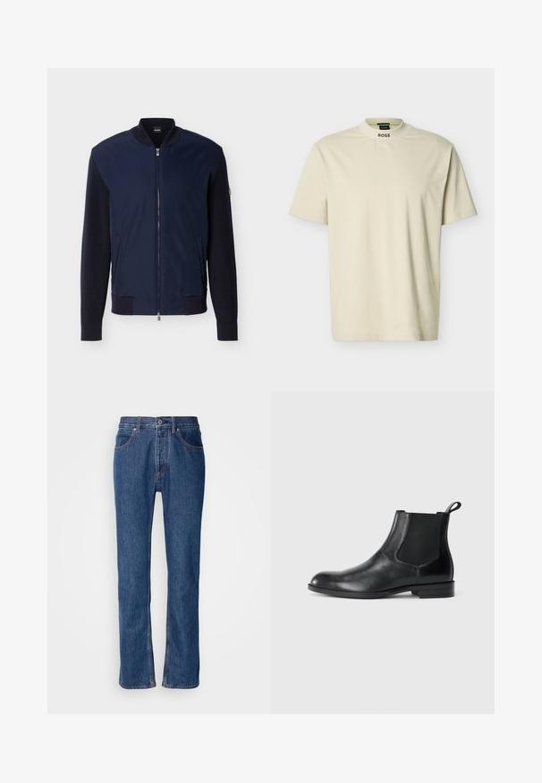 Veste bomber bleu marine avec manches en maille, col côtelé, poignets, ourlet, fermeture éclair frontale, deux poches latérales et logo BOSS sur l'étiquette du col.; T-shirt beige à manches courtes avec col rond haut et texte "BOSS" imprimé sur le devant du col.; Jean en denim bleu avec une coupe droite, un design à cinq poches et des coutures claires. Comprend une braguette zippée et une fermeture à bouton à l'avant.; Bottine en cuir noir avec des panneaux latéraux élastiques, bout rond et tirette. Texture lisse, semelle plate, design minimaliste.