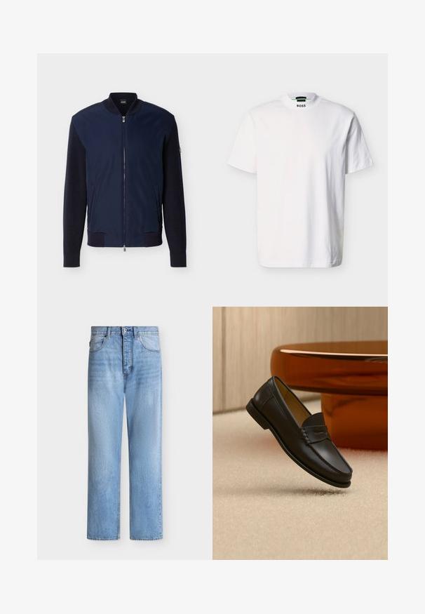 Veste bomber bleu marine avec manches en maille, col côtelé, poignets, ourlet, fermeture éclair frontale, deux poches latérales et logo BOSS sur l'étiquette du col.; T-shirt blanc à manches courtes en coton, avec un col rond et un logo de la marque imprimé au niveau du col. Texture lisse, design basique.; Jean droit en denim bleu clair avec fermeture par bouton et zip, poches avant et arrière, et passants de ceinture à la taille.; Chaussure mocassin en cuir noir suspendue au-dessus d’un tapis beige avec du mobilier moderne couleur ambre en arrière-plan.