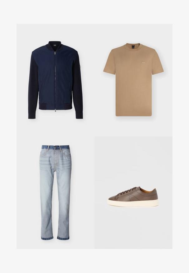 Veste bomber bleu marine avec manches en maille, col côtelé, poignets, ourlet, fermeture éclair frontale, deux poches latérales et logo BOSS sur l'étiquette du col.; T-shirt marron clair à manches courtes et col rond avec petit logo blanc "BOSS" sur la poitrine gauche, présenté sur un fond uni clair.; Jean denim bleu clair avec une ceinture bleu foncé, coupe droite, cinq poches et détails de couture visibles.; Baskets en cuir marron à texture lisse, semelle extérieure crème contrastante, bout arrondi et lacets marron foncé ; présente un logo discrètement embossé.
