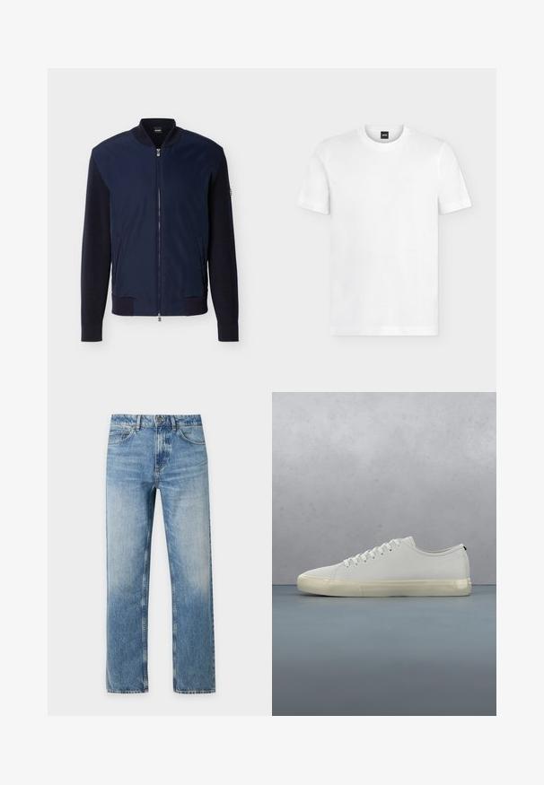 Veste bomber bleu marine avec manches en maille, col côtelé, poignets, ourlet, fermeture éclair frontale, deux poches latérales et logo BOSS sur l'étiquette du col.; T-shirt blanc à manches courtes et col rond avec logo BOSS discret sur la partie supérieure gauche de la poitrine et étiquette noire au niveau du col.; Jean denim bleu clair à coupe droite avec cinq poches et fermeture bouton sur un fond uni.; Baskets en cuir blanc avec lacets flottant au-dessus de carreaux en bois carrés et de petits cailloux, avec un arbre et un fond gris.