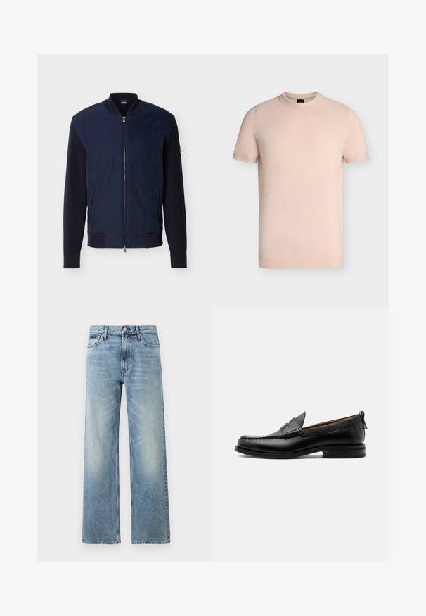 Veste bomber bleu marine avec manches en maille, col côtelé, poignets, ourlet, fermeture éclair frontale, deux poches latérales et logo BOSS sur l'étiquette du col.; T-shirt rose clair à manches courtes et col rond avec logo "BOSS" brodé sur la poitrine gauche.; Jean droit en denim bleu clair avec taille haute, cinq poches, fermeture à boutons et léger délavage sur les cuisses et les genoux.; Mocassin homme en cuir noir avec couture moc toe, bride penny, col texturé et petit talon empilé sur fond blanc.