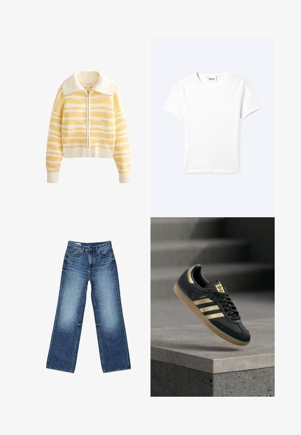 Veste zippée en maille avec une base blanc crème et de larges rayures horizontales jaunes, texture douce et grand col.; T-shirt blanc uni à manches courtes et col rond avec une petite étiquette "WEEKDAY" à l'intérieur de l'encolure, présenté à plat sur un fond clair.; Jean denim bleu à jambes larges avec poches avant et poche monnaie, fermeture à boutons, et lavage délavé sur les cuisses et les genoux.; Baskets Adidas Samba noires avec des bandes dorées et une semelle en gomme, flottant au-dessus d'une surface en béton avec des escaliers flous en arrière-plan.