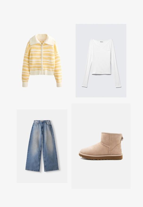 Veste zippée en maille avec une base blanc crème et de larges rayures horizontales jaunes, texture douce et grand col.; Haut blanc à manches longues avec un design croisé et une poche. Fabriqué dans un tissu lisse et extensible. Coupé dans une coupe décontractée et ample.; Jean bleu clair à jambes larges avec un devant délavé, style cinq poches, fermeture par bouton et fermeture éclair, posé à plat sur fond blanc.; Bottine en daim beige à bout arrondi, avec des accents cousus et une semelle en caoutchouc brun texturé. Elle se distingue par une languette à l'arrière.