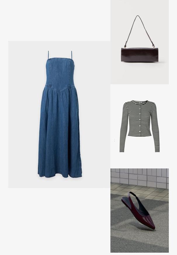 Cárdigan de rayas blanco y negro de manga larga con cuello redondo, cierre frontal de botones y textura acanalada, que presenta seis botones blancos.; Vestido vaquero azul sin mangas con tirantes finos, cuerpo ajustado y falda acampanada hasta el tobillo sobre fondo blanco liso.; Zapato plano tipo slingback de charol burdeos con punta puntiaguda flotando sobre un pavimento texturizado cerca de una pared con azulejos.; Bolso rectangular de cuero negro con una sola correa larga y acabado brillante, exhibido sobre un fondo blanco liso.