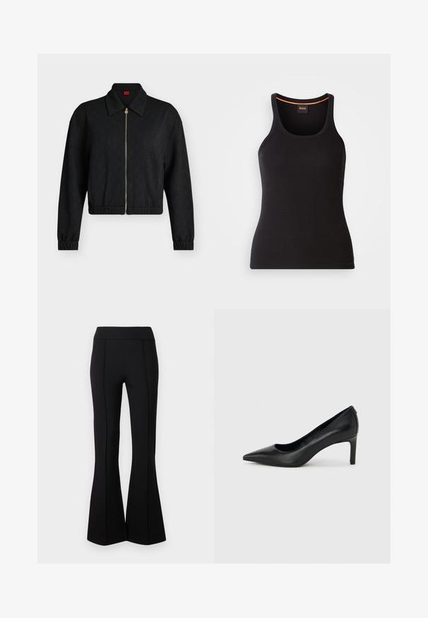 Veste noire à manches longues zippée avec col, poignets et ourlet élastiques, motif discret embossé, et tirette de fermeture éclair dorée fermée à l'avant.; Débardeur noir côtelé avec un col rond. Présente une coupe ajustée et un accent orange au niveau du col. Logo de la marque discrètement brodé à l'avant.; Pantalon noir à taille haute évasé avec des coutures verticales à l'avant et des jambes larges, présenté sur un fond clair uni.; Escarpin à bout pointu en cuir noir avec un talon fin de hauteur moyenne sur un fond gris clair uni.