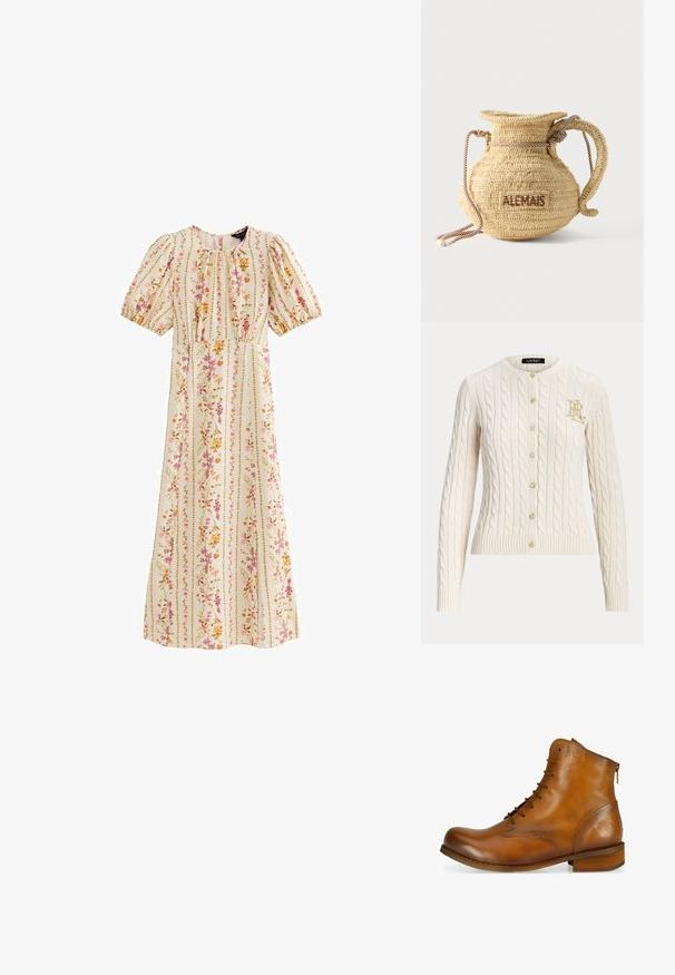 Cardigan crème en maille torsadée avec col rond, boutons devant, poignets et bas côtelés, et logo doré brodé sur la poitrine.; Robe midi crème avec manches bouffantes, encolure ronde, taille cintrée et rayures florales verticales dans des tons rose, orange et vert.; Bottine en cuir marron avec un bout arrondi, un laçage à l'avant, une fermeture éclair sur le côté et un petit talon en bois. Présente un logo en relief discret sur le talon.; Sac à main rond en paille tissée avec une anse en corde et "ALEMAIS" brodé sur le côté en fil marron.