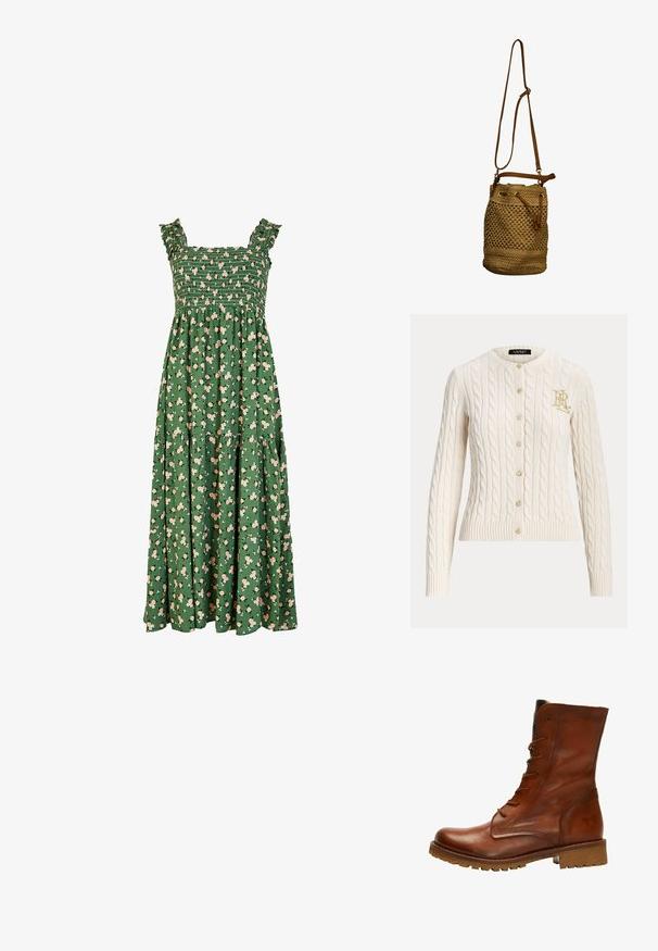 Cardigan crème en maille torsadée avec col rond, boutons devant, poignets et bas côtelés, et logo doré brodé sur la poitrine.; Robe maxi verte avec un corsage smocké, des bretelles froncées, et un motif floral avec des fleurs roses claires. Comprend un design de jupe à volants.; Botte chevillée en cuir marron avec une finition lisse, bout rond, devant à lacets et poignet texturé. Équipée d'une semelle extérieure robuste pour une meilleure adhérence.; Sac bourse marron tissé avec bandoulière en cuir réglable et fermeture à cordon.