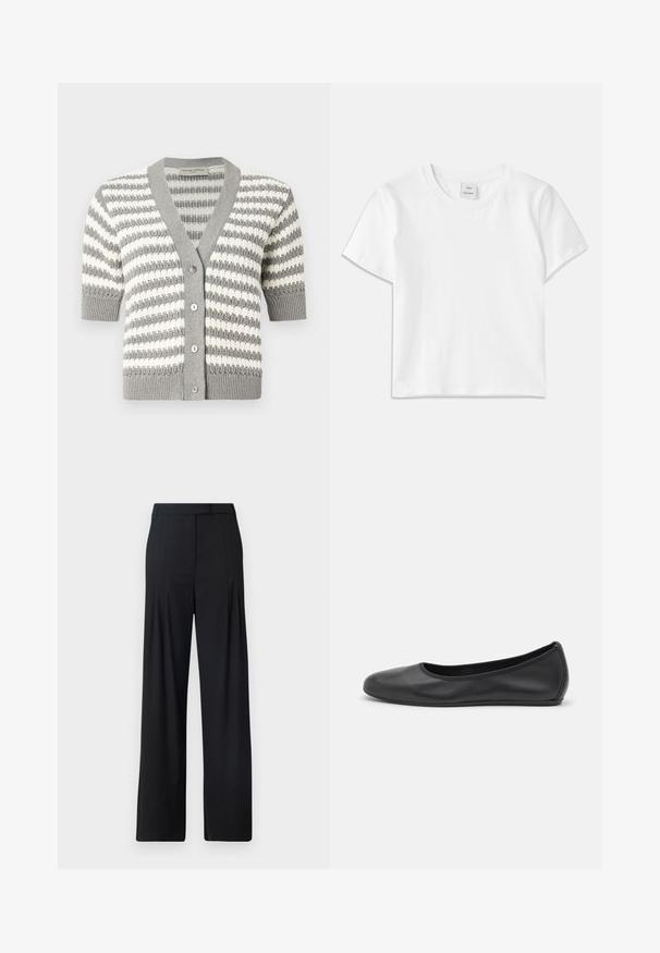 Cardigan rayé gris et blanc à manches courtes, décolleté en V et cinq boutons. Texture en tricot avec des bords côtelés.; T-shirt en coton blanc avec un col rond, des manches courtes et un ourlet droit. Étiquette marquée "Won Hundred" au centre de l'encolure.; Pantalons larges noirs avec un devant plat, des plis et une taille ajustée. Fabriqués en tissu lisse et léger.; Ballerines en cuir noir avec un bout rond, texture lisse, détails de couture minimalistes et design de semelle flexible.