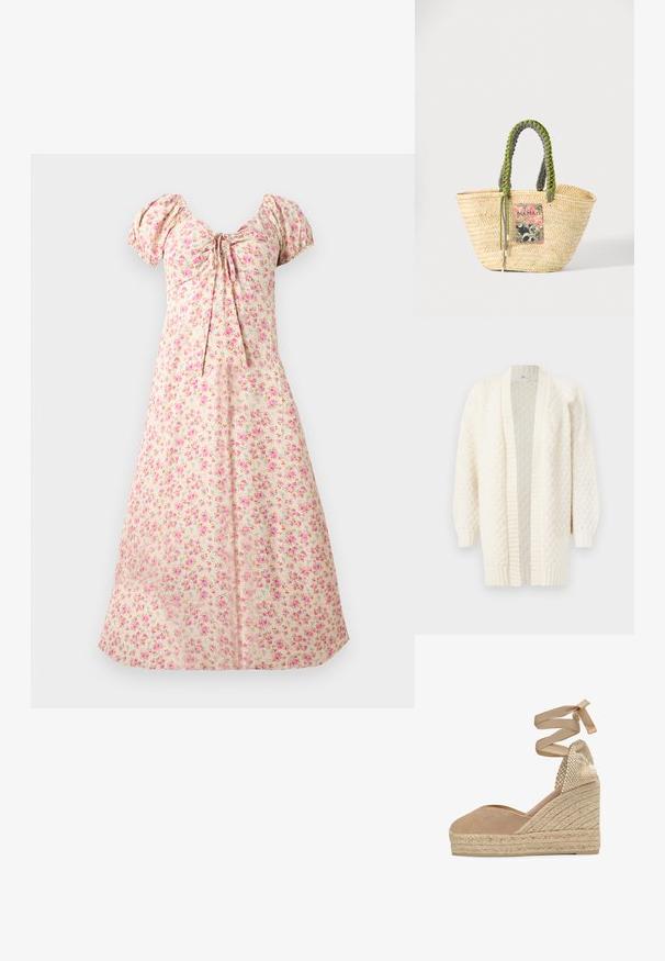 Gilet en tricot couleur crème avec une ouverture à l'avant, des manches longues, des poignets et un ourlet côtelés, présentant un motif texturé sur l'ensemble.; Robe midi crème avec manches bouffantes, imprimé floral rose, buste froncé et détail noué au centre avant.; Espadrille compensée en toile beige avec plateforme en jute tressée et liens à nouer autour de la cheville, avec contrefort de talon tissé.; Sac cabas en paille beige tissée avec des poignées tressées vertes et noires et un patch rectangulaire coloré à l'avant.