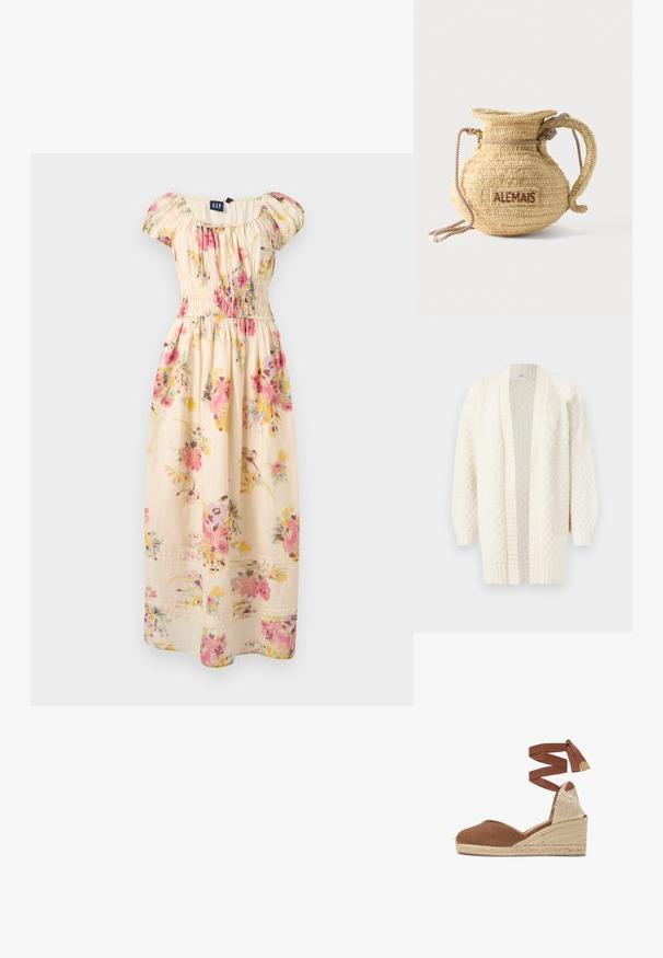 Gilet en tricot couleur crème avec une ouverture à l'avant, des manches longues, des poignets et un ourlet côtelés, présentant un motif texturé sur l'ensemble.; Robe maxi à fleurs de couleur crème, épaules dénudées, avec des fleurs roses et jaunes, manches bouffantes et taille froncée de chez GAP.; Compensées espadrilles marron avec semelle en jute tissée et bride de cheville à nouer.; Sac à main rond en paille tissée avec une anse en corde et "ALEMAIS" brodé sur le côté en fil marron.