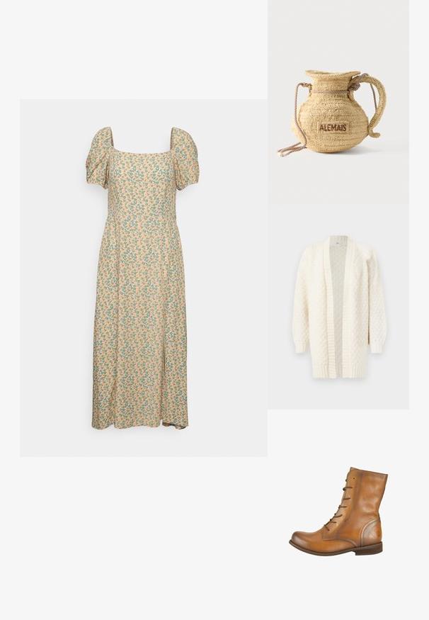 Gilet en tricot couleur crème avec une ouverture à l'avant, des manches longues, des poignets et un ourlet côtelés, présentant un motif texturé sur l'ensemble.; Even&Odd by Zalando Robe de jour - green/pink; Bottes de cheville en cuir marron avec une texture lisse, bout rond, six œillets pour lacets et un logo embossé subtil sur le talon.; Sac à main rond en paille tissée avec une anse en corde et "ALEMAIS" brodé sur le côté en fil marron.