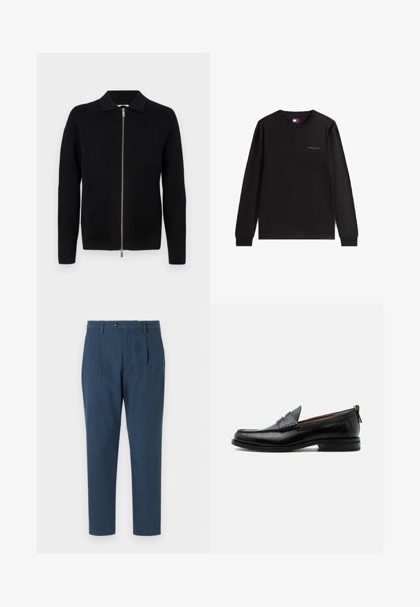 Sort langærmet strikcardigan med sølvfarvet lynlås foran og lille krave, præsenteret mod en lys, ensfarvet baggrund.; Sort langærmet t-shirt med rund halsudskæring med lille hvidt "Tommy Jeans" logo på venstre bryst og et Tommy Jeans mærke inde i kraven.; Tommy Hilfiger HARLEM STRUCTURE - Chino - desert sky; Sort læder herre loafer med moc-tå syning, penny strop, struktureret krave og lav stablet hæl på hvid baggrund.
