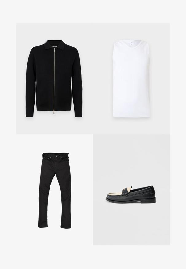 Sort langærmet strikcardigan med sølvfarvet lynlås foran og lille krave, præsenteret mod en lys, ensfarvet baggrund.; Hvid ærmeløs ribbet tanktop med rund halsudskæring på ensartet lyst baggrund.; Sorte denim jeans med lige ben-design, fem-lomme stil og metalknaplukning. Glat tekstur og ensartet farve hele vejen igennem.; Sort lædersko med beige detaljer, dekorative syninger, firkantet tå, diskrete metaldele og flad sål; glat tekstur.