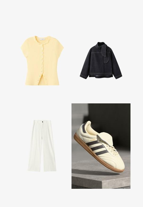 Top en maille jaune pâle à manches courtes avec bordure froncée le long de la patte de boutonnage et de l'encolure, présentant de petits boutons blancs sur le devant.; Veste en denim foncé avec un col haut, des manches longues, et un détail unique semblable à une écharpe. Des surpiqûres contrastantes mettent en valeur le design et la forme.; Pantalon blanc taille haute à jambes larges, avec plis à l'avant, passants pour ceinture et fermeture par bouton noir à la taille.; Baskets en cuir crème avec trois bandes sombres, une semelle extérieure en gomme marron et un bout arrondi. Présentent une languette pliable étiquetée "SAMBA."