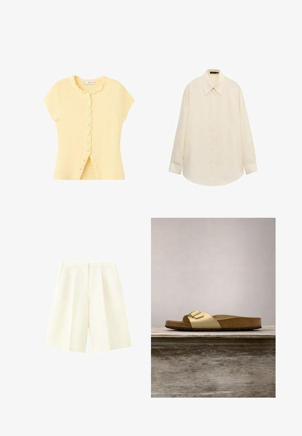 Top en maille jaune pâle à manches courtes avec bordure froncée le long de la patte de boutonnage et de l'encolure, présentant de petits boutons blancs sur le devant.; Chemise boutonnée à manches longues de couleur crème avec col pointu et patte de boutonnage cachée, posée à plat sur un fond blanc.; Shorts cintrés couleur crème taille haute avec passants de ceinture, plis devant et poches latérales, présentés sur fond blanc.; Sandale glissante synthétique dorée avec une seule sangle et un accent de boucle, dotée d'un pied en liège brun et d'une semelle en caoutchouc texturé.