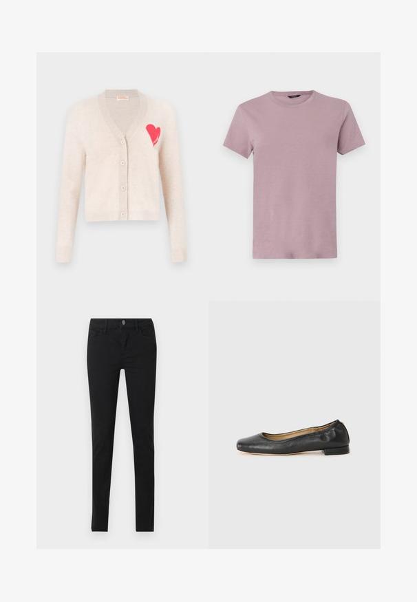 Cardigan beige avec un col en V, des manches longues et un design de cœur rose sur la poitrine gauche. Comprend cinq boutons et des poignets côtelés.; T-shirt pour homme à col rond dans un mauve clair, fabriqué en tissu doux. Manches courtes, coupe régulière, avec une texture lisse et sans motifs visibles.; Jean noir slim avec poches avant, passants pour ceinture et fermeture par bouton, présenté à plat sur un fond clair.; Ballerines en cuir noir avec un bout arrondi et des coutures minimales. Talon bas et rectangulaire avec une texture lisse. Détails subtils de doublure intérieure.