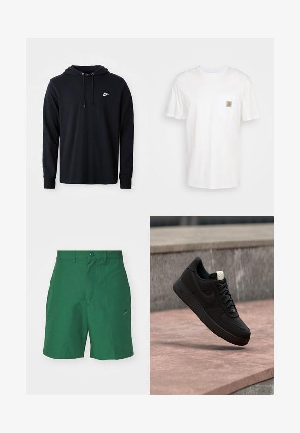 Μαύρο φούτερ Nike με μακριά μανίκια, κουκούλα με κορδόνι και μικρό λευκό λογότυπο Nike στο αριστερό στήθος, σε λευκό φόντο.; Λευκό βαμβακερό T-shirt με κοντά μανίκια, τσέπη στο στήθος και ένα μικρό τετράγωνο λογότυπο σε πορτοκαλί και λευκό στην τσέπη.; Πράσινα, πλεκτά σορτς με επίπεδο μπροστινό μέρος, δύο πλάγια τσέπες και ένα υποτονικό λογότυπο της Nike κεντημένο στο αριστερό πόδι. Διαθέτουν κούμπωμα.; Μαύρο αθλητικό παπούτσι Nike Air Force 1 που αιωρείται πάνω από μια ροζ τσιμεντένια ακμή με γκρι πέτρινο φόντο, δείχνοντας λεπτομέρειες από το πλάι και από πάνω.